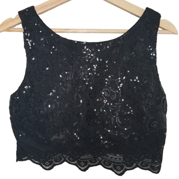 City Studio Lace Crop Top Sequins Sz 5 Black Whimsygoth Statement Club Party Fun - Picture 1 of 8